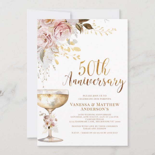 Boho Blush Gold Floral 50 Jahre Jubiläum Einladung (Vorderseite)