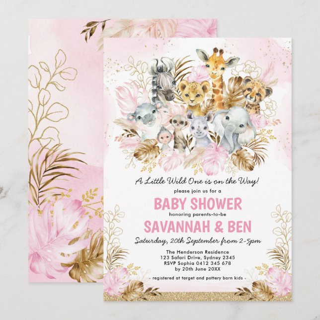 Boho Blush Gold Safari Tiere Girl Baby Dusche Einladung (Vorne/Hinten)