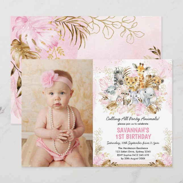 Boho Blush Gold Tropical Wild One Birthday Girl Einladung (Vorne/Hinten)