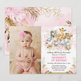 Boho Blush Gold Tropical Wild One Birthday Girl Einladung