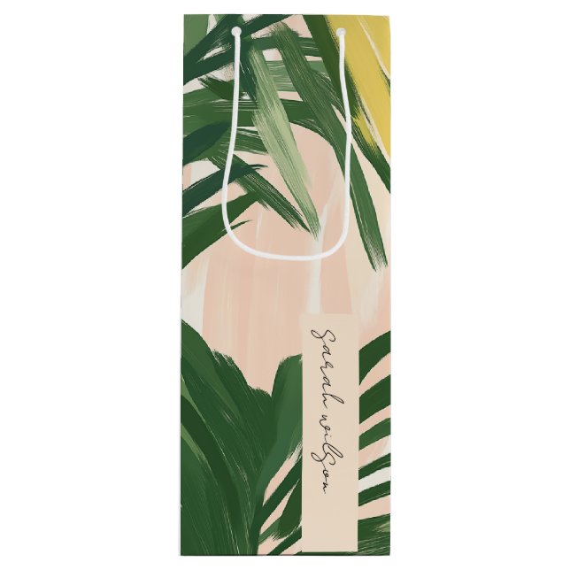 Boho Blush Green Palm Beach Hochzeit Geschenktüte Für Weinflaschen (Vorderseite)