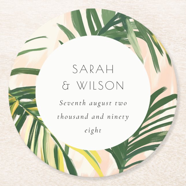 Boho Blush Green Palm Beach Hochzeit Runder Pappuntersetzer (Vorderseite)