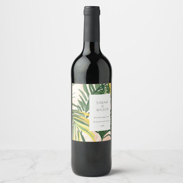 Boho Blush Green Palm Beach Hochzeit Weinetikett (Vorderseite)