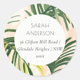 Boho Blush Green Tropical Palm Beach Adresse Runder Aufkleber