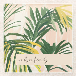 Boho Blush Green Tropical Palm Blätter Beach Glasuntersetzer
