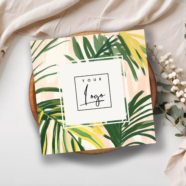 Boho Blush Green Tropical Palm Blätter Beach Logo Quadratische Visitenkarte (Von Creator hochgeladen)