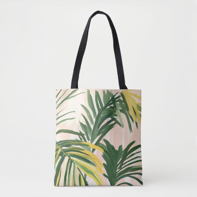 Boho Blush Green Tropical Palm Blätter Beach Tasche (Vorderseite)
