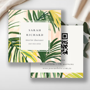 Boho Blush Green Tropical Palm Blätter QR Code Quadratische Visitenkarte