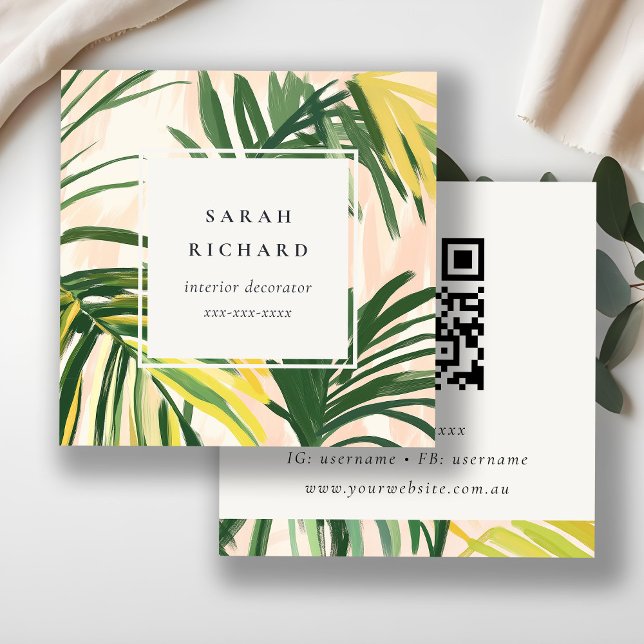 Boho Blush Green Tropical Palm Blätter QR Code Quadratische Visitenkarte (Von Creator hochgeladen)
