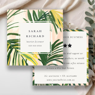 Boho Blush Green Tropical Palm Leaf Quadratische Visitenkarte