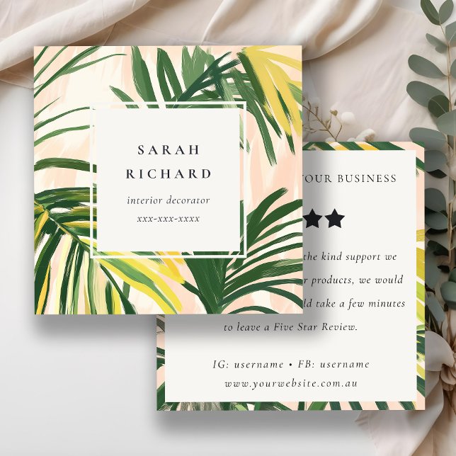 Boho Blush Green Tropical Palm Leaf Quadratische Visitenkarte (Von Creator hochgeladen)