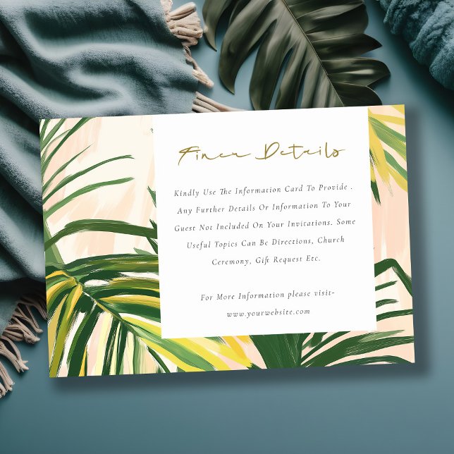Boho Blush Green Tropical Palm Wedding Details Begleitkarte (Von Creator hochgeladen)
