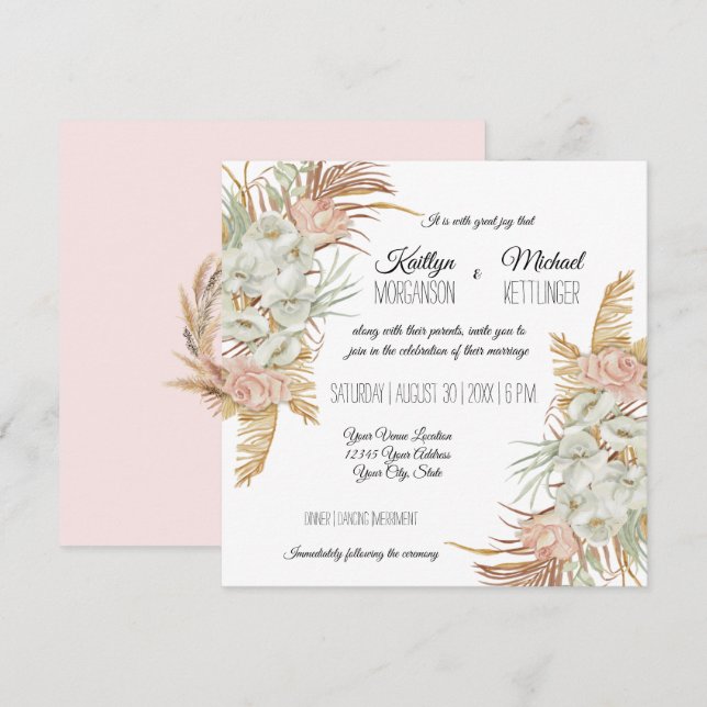BOHO Blush Orchid Floral Pampas Grass Palm Foliage Einladung (Vorne/Hinten)
