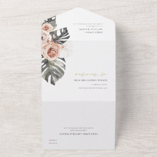 BOHO BLUSH PEACH FLORAL MONSTRERA LEAF WEDING ALL ALL IN ONE EINLADUNG