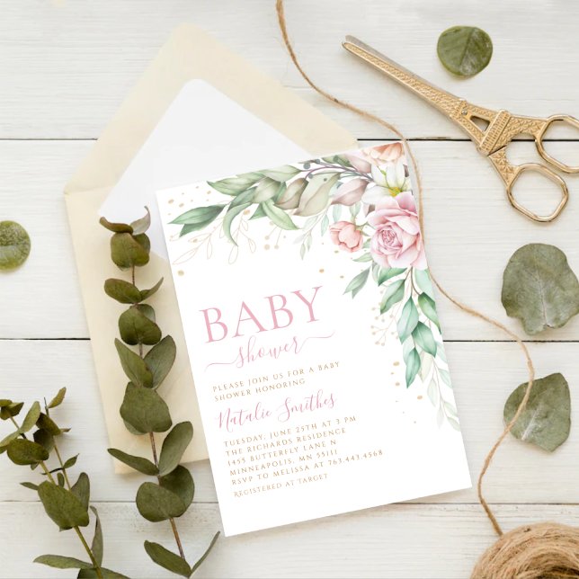 Boho Blush Pink Aquarell Floral Girl Babydusche Einladung (Von Creator hochgeladen)