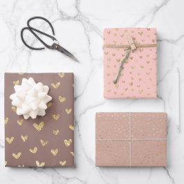 Boho Blush Pink Beige Gold Hearts Geschenkpapier Set