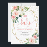 Boho Blush Pink Bloral Baby Dusche Einladung<br><div class="desc">Die Babydusche im Bohy-Stil wurde mit Rose aus rosa,  rosa Blume und frisch grünem Arrangement ausgestattet Akzent Golden Glitzer geometrisch und Glitzern</div>