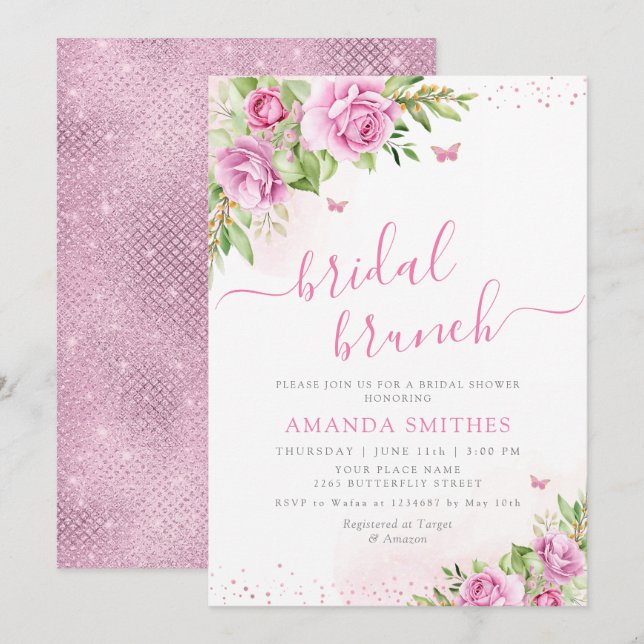 Boho Blush Pink Bloral Bridal Brunch Brautparty Einladung (Vorne/Hinten)