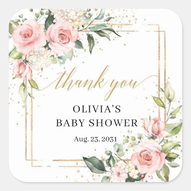 Boho Blush Pink Blues Eukalyptus Gold Baby Dusche Quadratischer Aufkleber (Vorderseite)