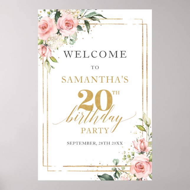 Boho blush pink Blumen 20. Geburtstag Begrüßung Poster (Vorne)