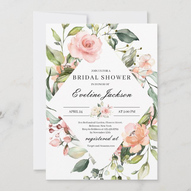 Boho Blush Pink Blumendusche Einladung (Vorderseite)