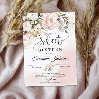 Boho blush pink blumengold Blätter 16 . Geburtstag Einladung