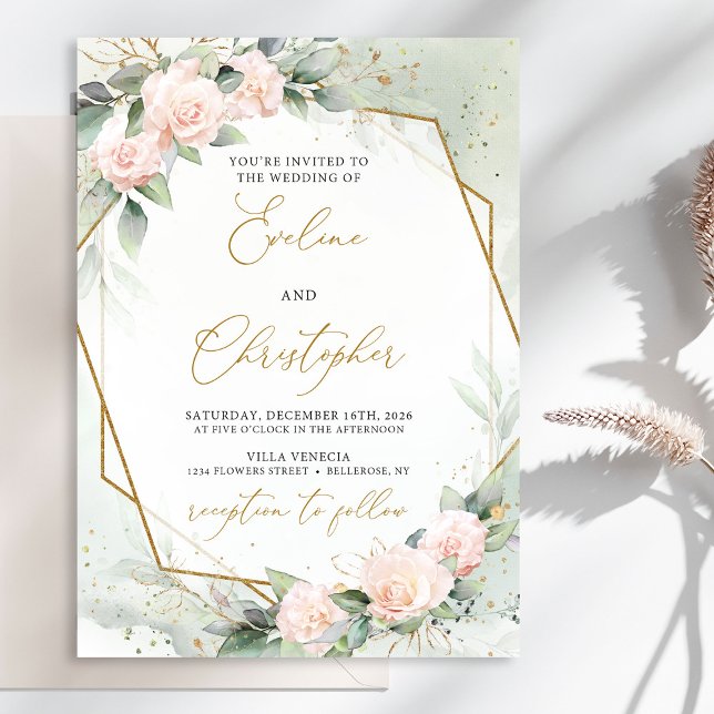 Boho Blush Pink Blumengrün Gold Rahmen Hochzeit Einladung (Watercolor delicate blush roses eucalyptus and gold frame wedding invitation digital)
