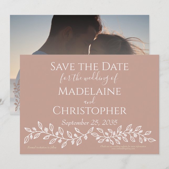 Boho Blush Pink Botanical Foto Wedding Save The Date (Vorne/Hinten)