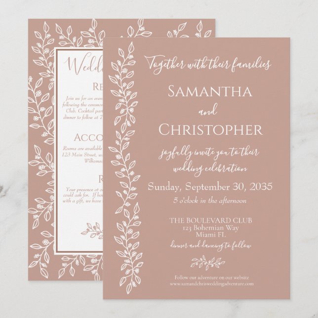 Boho Blush Pink Botanical Minimal Wedding Einladung (Vorne/Hinten)