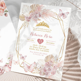 Boho Blush Pink Butterfly Geoemtric Quinceañera Einladung