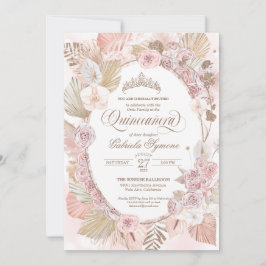 Boho Blush Pink & Driving Floral Rose Quinceanera Einladung