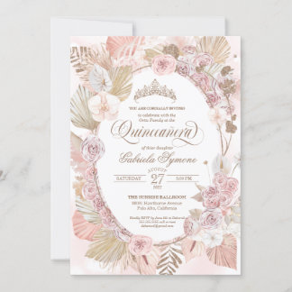 Boho Blush Pink & Driving Floral Rose Quinceanera Einladung