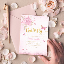 Boho Blush Pink Floral Butterfly Girl Babydusche Einladung