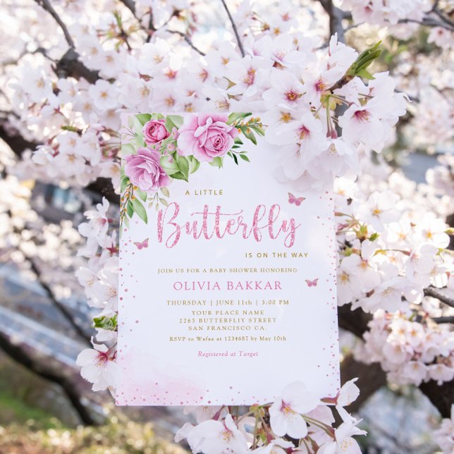 Boho Blush Pink Floral Butterfly Girl Babydusche Einladung (Von Creator hochgeladen)