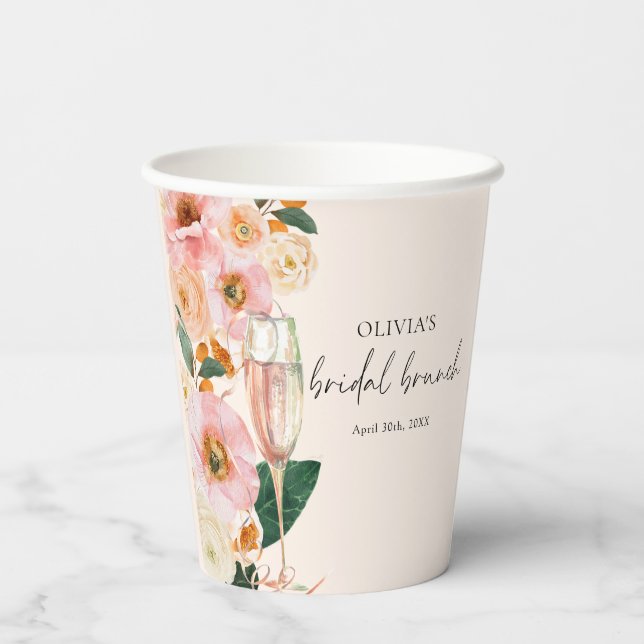 Boho Blush Pink Floral Champagne Bridal Brunch Pappbecher (Rückseite)