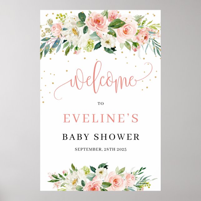 Boho blush pink floral gold sparkles welcome sign poster (Vorne)