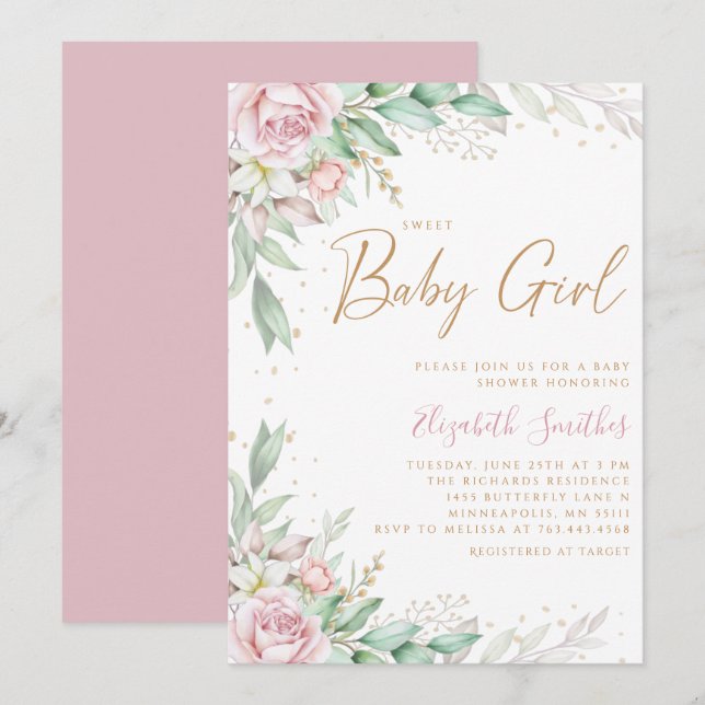 Boho Blush Pink Floral Greeney Girl Baby Dusche Einladung (Vorne/Hinten)