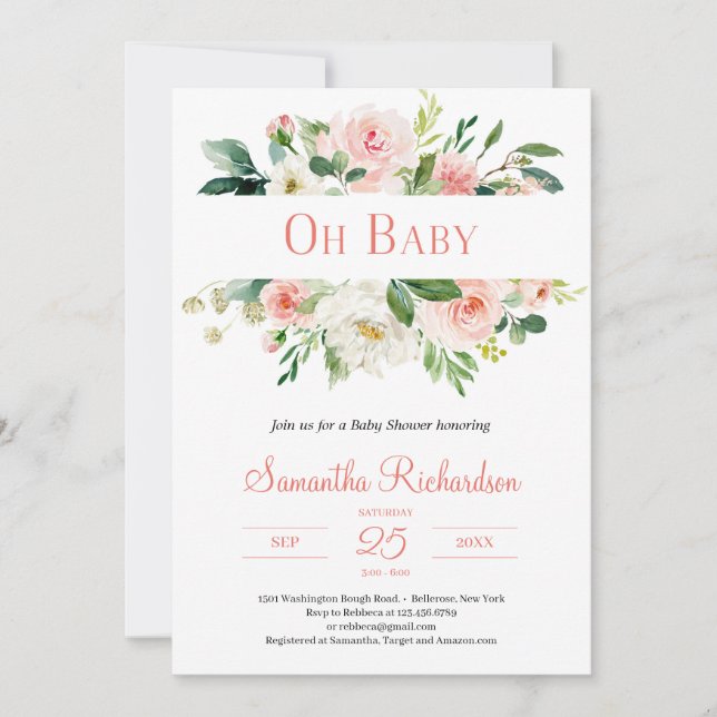 Boho Blush Pink Floral und Grün Modernes Baby Einladung (Vorderseite)