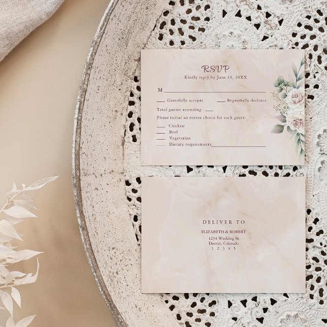 Boho Blush Pink Floral Wedding RSVP Card Dankeskarte (Boho Blush Pink Floral Wedding RSVP Card on a neutral boho wedding table.)