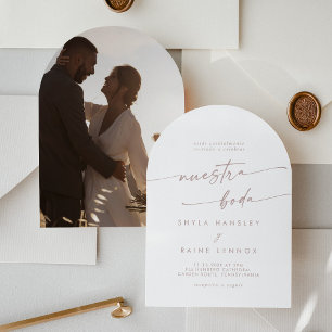 Boho Blush Pink Foto Arch Spanische Hochzeit Einladung