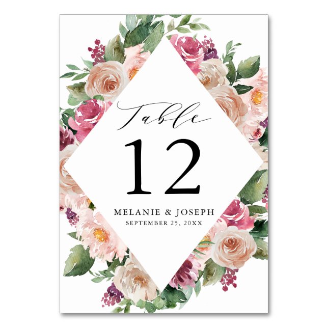 Boho Blush & Pink Frühling Wasserfarbe Blumenzehen Tischnummer (Vorderseite)