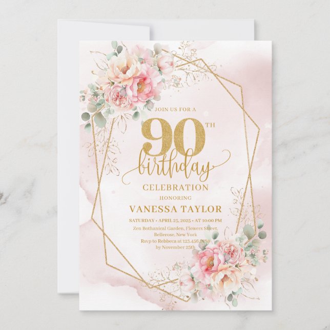 Boho Blush Pink Gold Floral 90th Birthday Invites Einladung (Vorderseite)