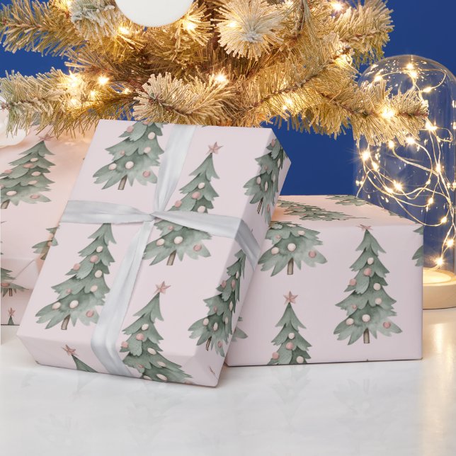 Boho Blush Pink Green Christmas Tree Geschenkpapier (Feiertage)