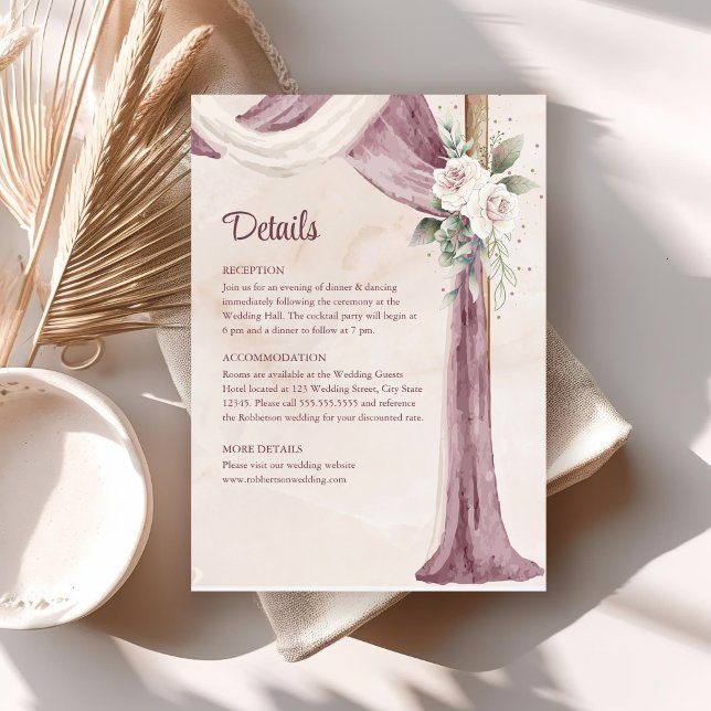 Boho Blush Pink Lila Canopy Hochzeitskarte Einladung (Boho Blush Pink Purple Canopy Wedding Details Card on boho wedding table.)