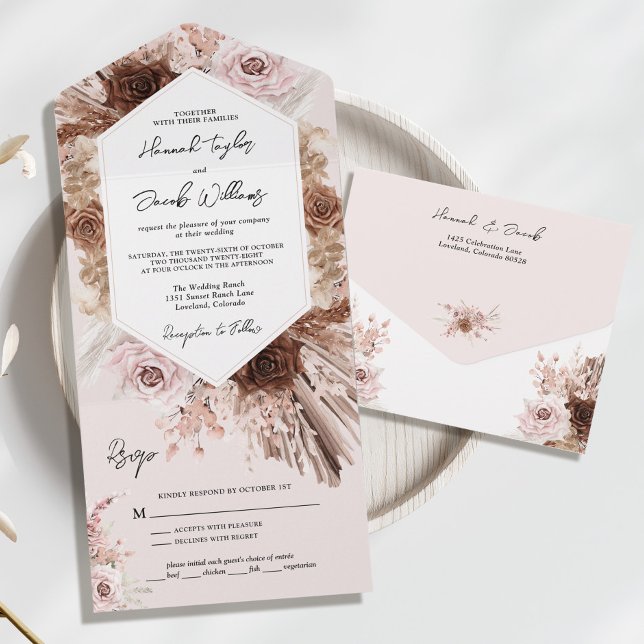 Boho Blush Pink Pampas Grass mit UAWG Wedding All In One Einladung (blush pampas grass all in one wedding invitation)