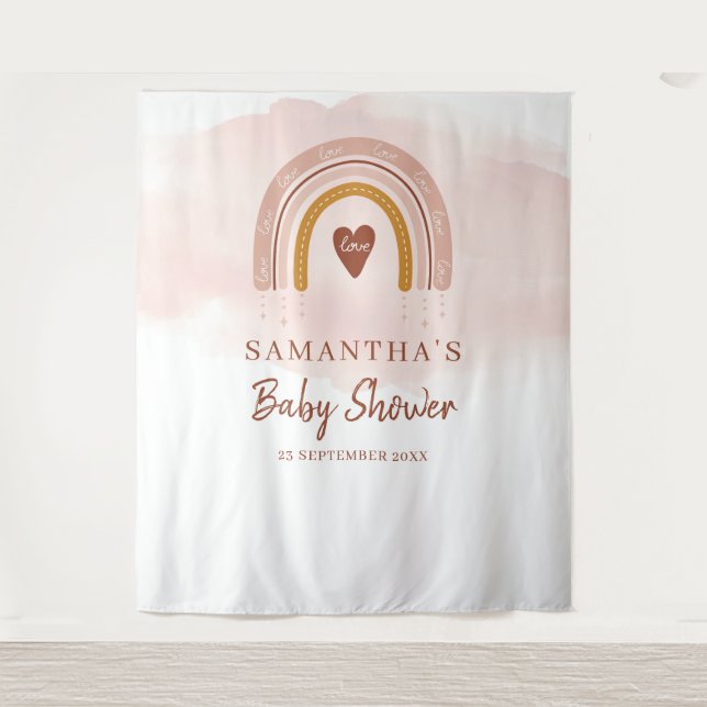 Boho Blush Pink Rainbow Baby Dusche Party Hintergr Wandteppich (Vorderseite)