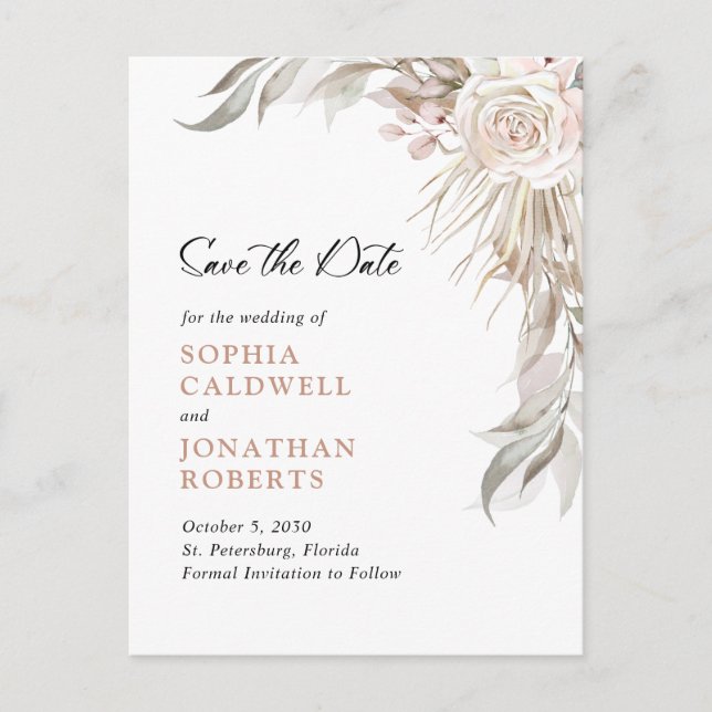Boho Blush Pink Rose Elegantes Foliage Save the Da Ankündigungspostkarte (Vorderseite)