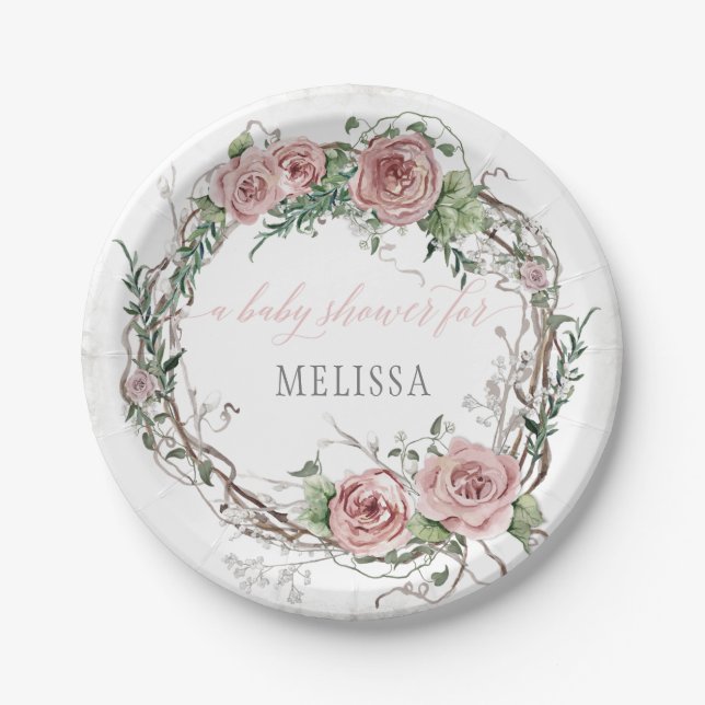 BOHO Blush Pink Rose Floral Baby Girl Dusche Pappteller (Vorderseite)