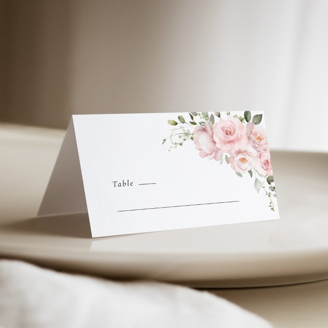 Boho Blush Pink Rose Floral Wedding Place Card Platzkarte (Blush pink rose floral tent wedding place card with soft watercolor flowers and minimalist layout)