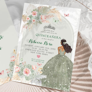 Boho Blush Pink Sage Green Princesa Quinceañera Einladung